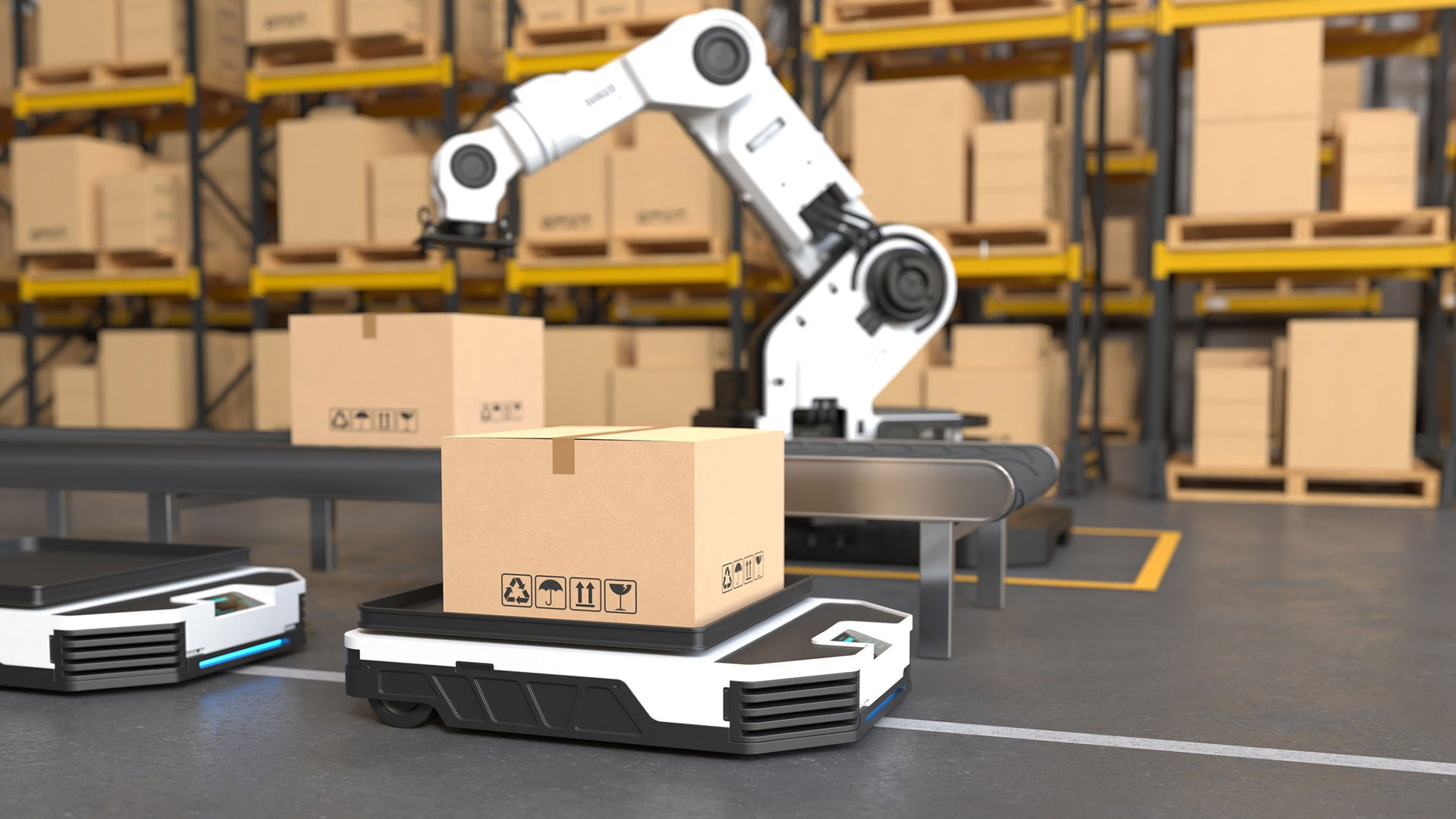 Robot handling packaging boxes in a warehouse.