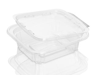 Transparent clamshell packaging container slightly opened for food storage and transportation.