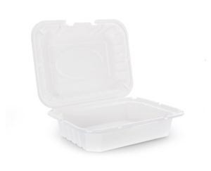 White opaque clamshell packaging container opened for food storage and transportation.