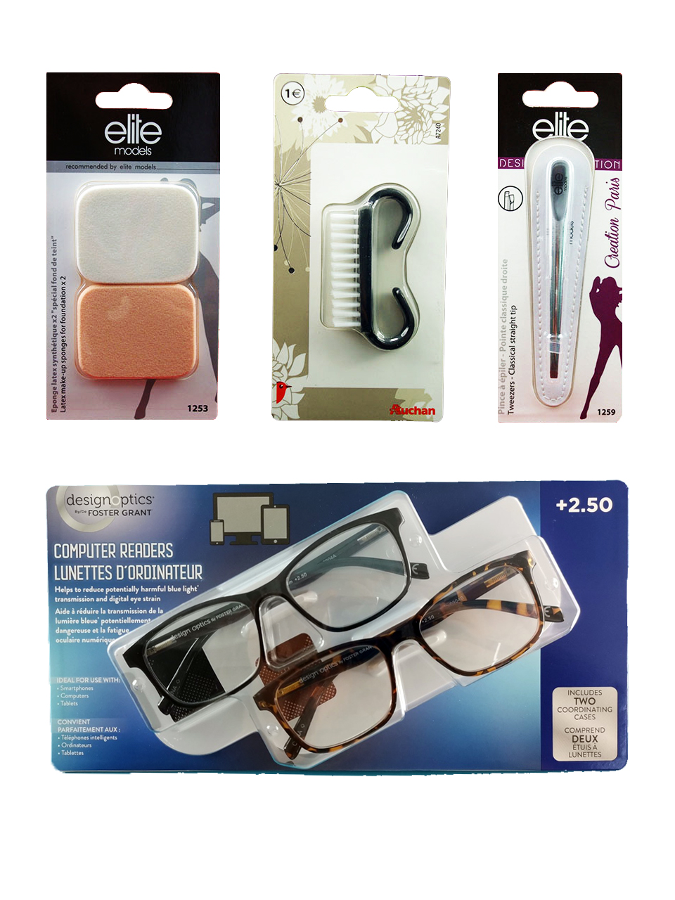 Assorted consumer products in custom blister pack packaging, including makeup sponges, nail brush, tweezers, and computer reading glasses, showcasing clear visibility and secure presentation.