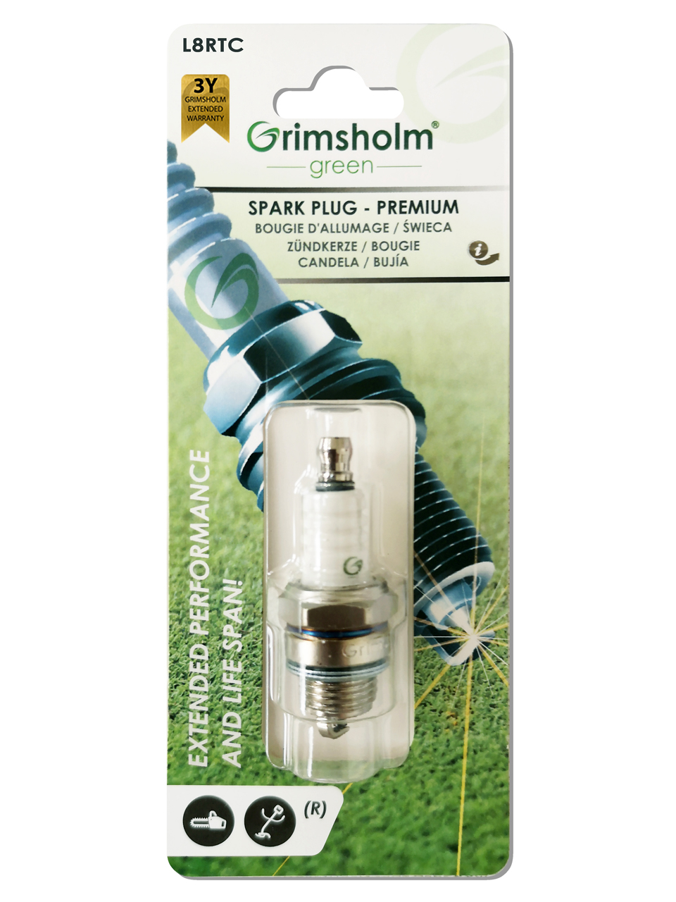 Clamshell packaging for a Grimsholm green spark plug, showcasing the product with clear visibility and protection